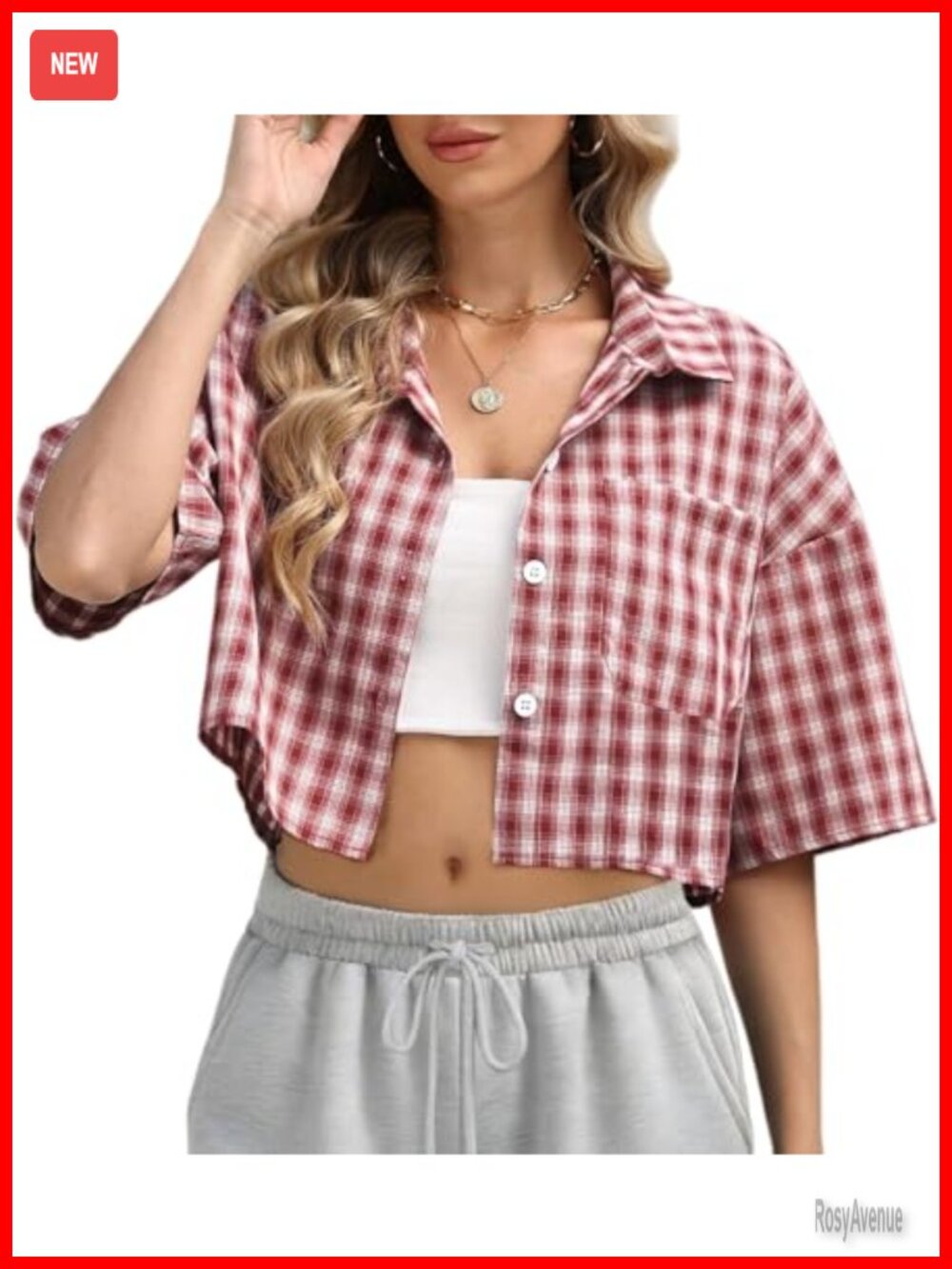 Cropped Plaid Button Down Shirt Short Sleeve V-Neck Women's Top